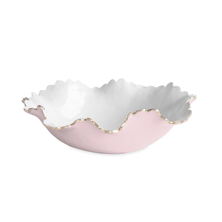 Beatriz Ball camellia pink and white large serving bowl with scalloped edge and gold rim