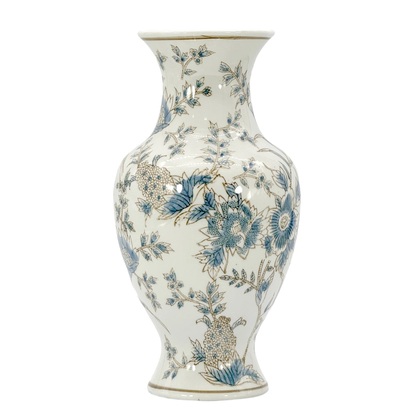 Blue and white chinoiserie porcelain vase with floral botanical pattern, 14 inch decorative accent vase for home decor