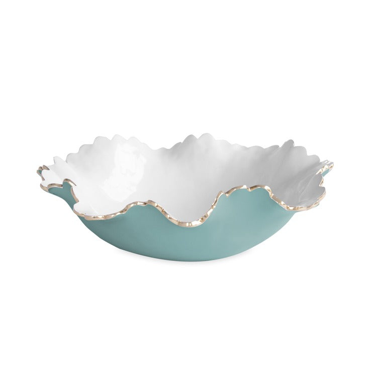 Beatriz Ball turquoise and white large serving bowl with scalloped edge and gold rim