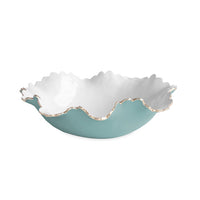 Beatriz Ball turquoise and white large serving bowl with scalloped edge and gold rim