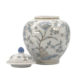 Blue & White Botanical Ceramic Ginger Jar – 10” Decorative Chinoiserie Lidded Jar