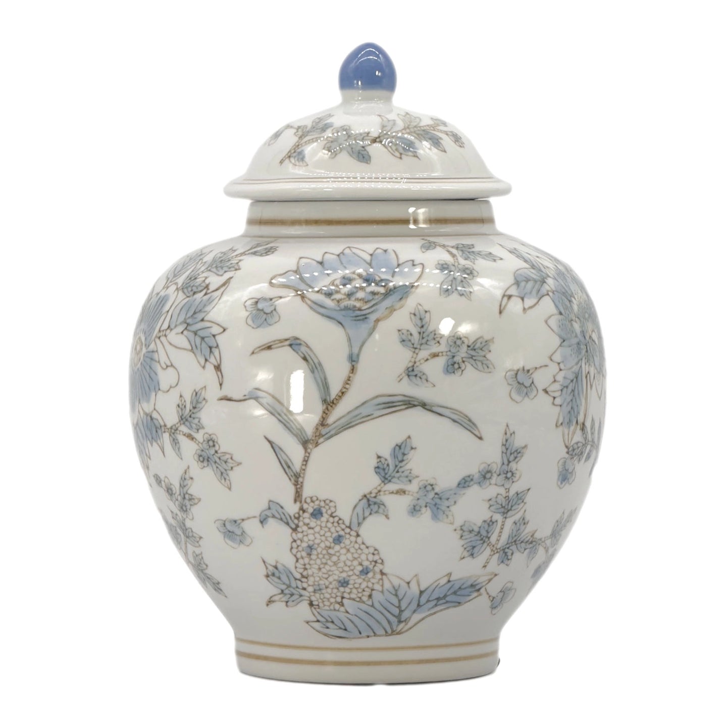 Blue and white botanical ceramic ginger jar with lid, 10 inch decorative chinoiserie accent jar for home decor