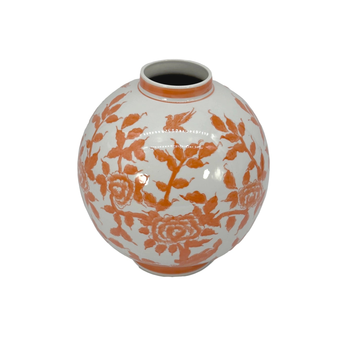 Orange Chinoiserie Ceramic Globe Vase – 12” Floral Ginger Jar Style Decorative Vase