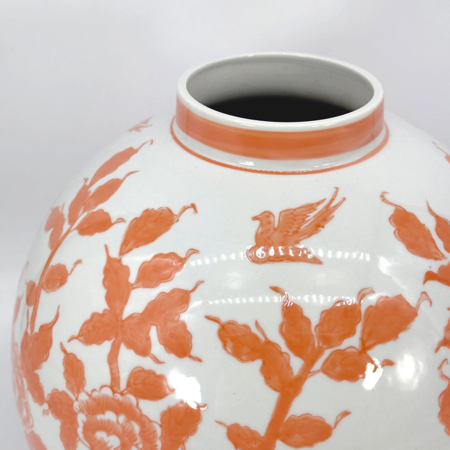 Orange Chinoiserie Ceramic Globe Vase – 12” Floral Ginger Jar Style Decorative Vase