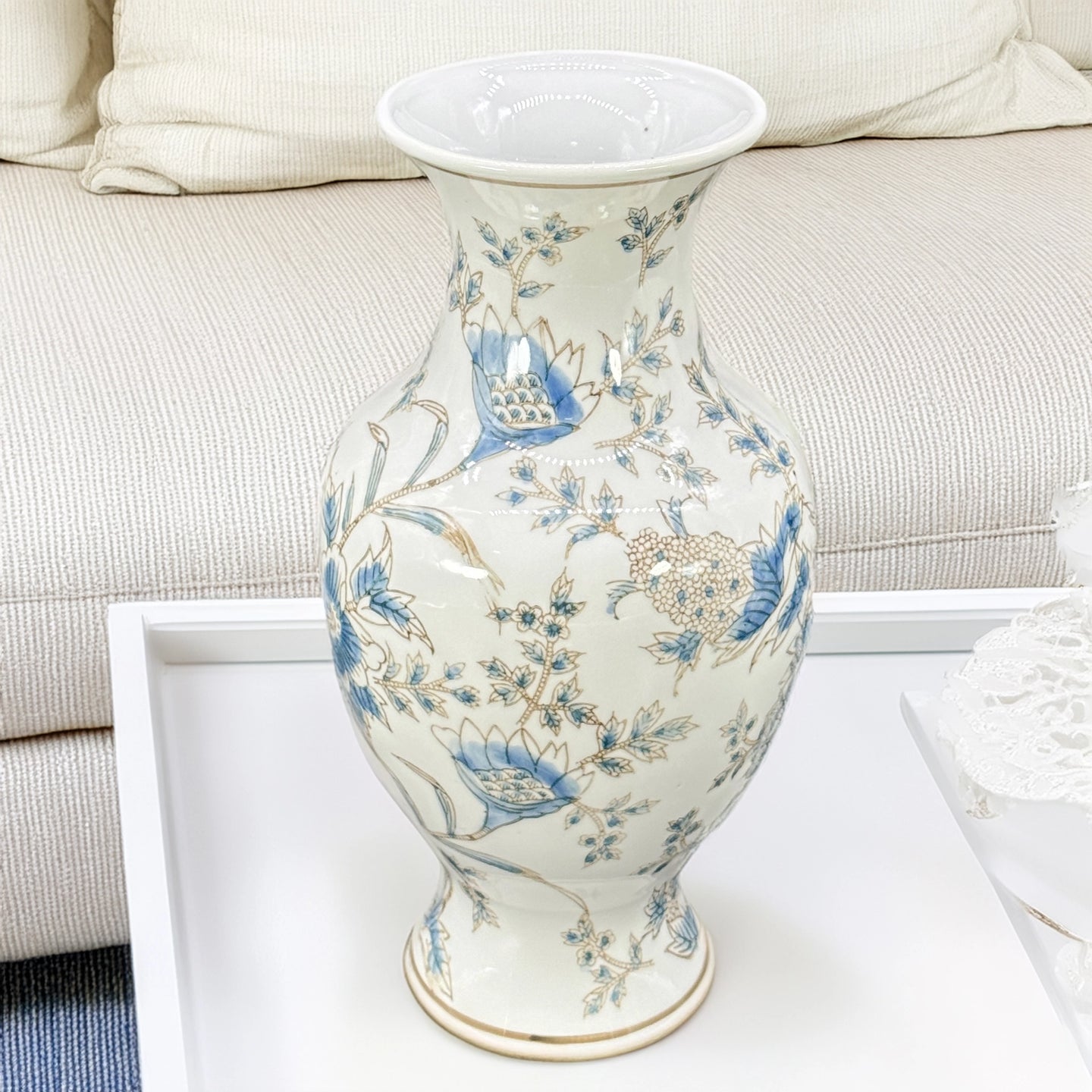 Blue & White Chinoiserie Porcelain Vase – 14” Botanical Decorative Accent Vase