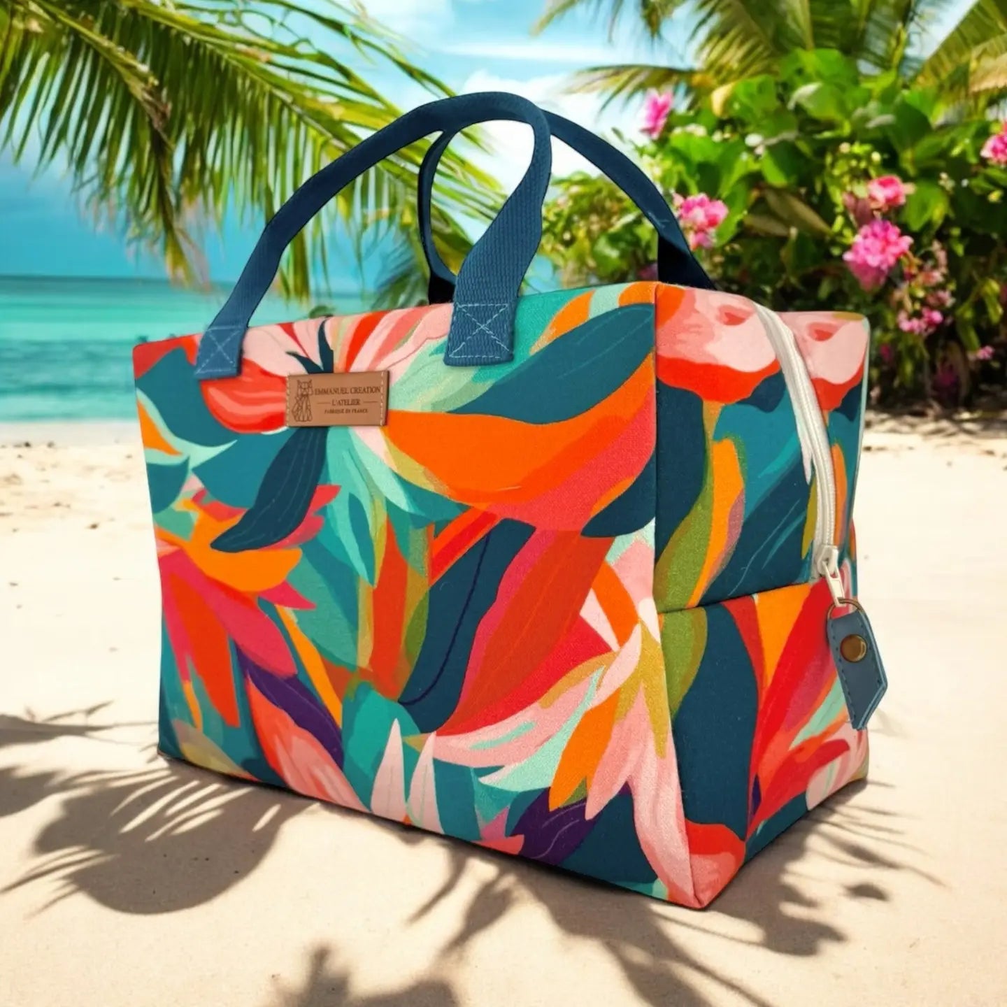Colorful tropical insulated cooler tote bag handmade in France with vibrant botanical print, cotton handles, and zippered thermal-lined interior.