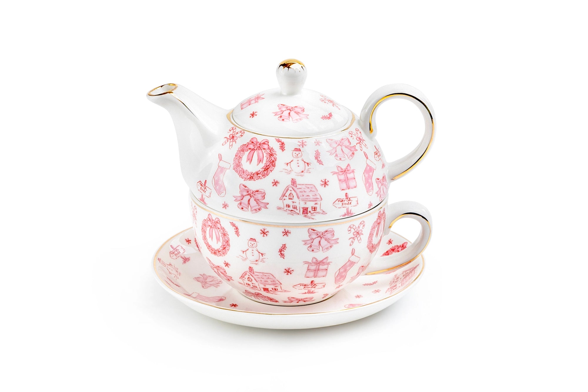 Christmas Pink Bow Fine Porcelain Tea-for-One Set