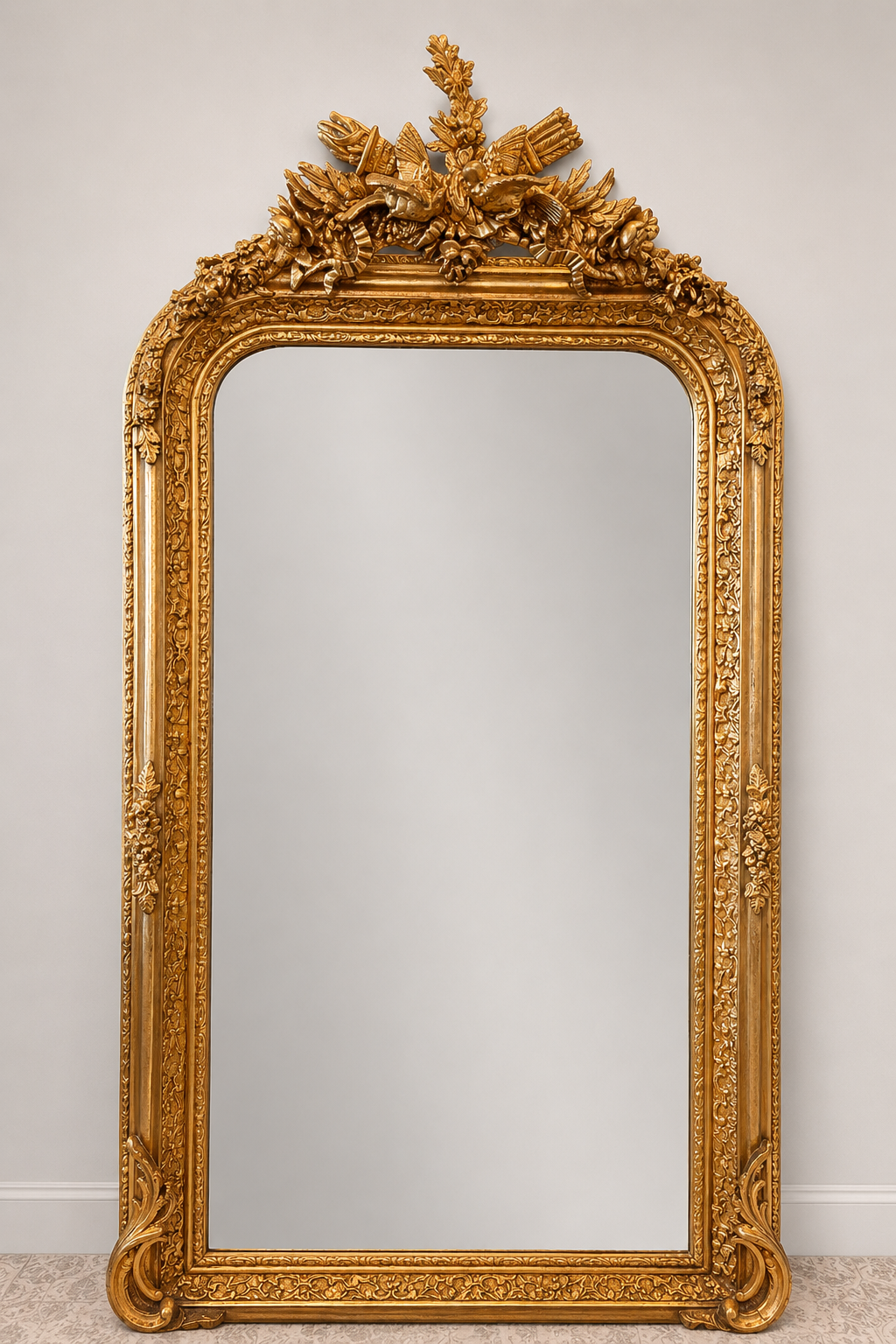 Antique French Louis Philippe Gilt Mirror with Floral Crest