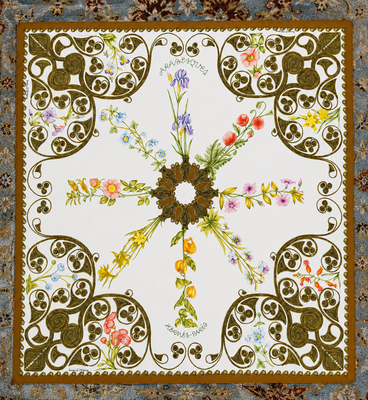 Vintage 1963 Hermès "Arabesques" Silk Scarf by Henri d'Origny – Floral Carré 90 in Ivory & Gold