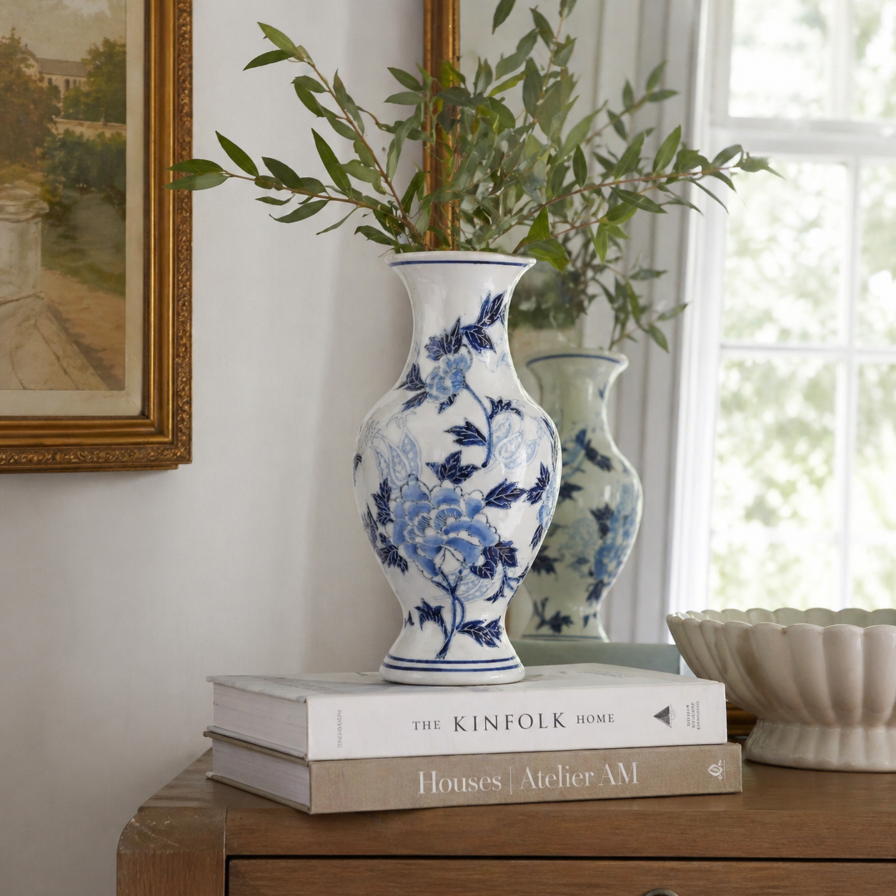 Blue & White Chinoiserie Ceramic Vase – 14” Decorative Floral Ginger Jar Style Vase