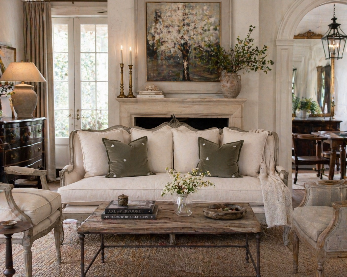 French Country Linen Sofa – Adele Carved Wood Upholstered Sofa in Jute & Off White