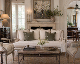 French Country Linen Sofa – Adele Carved Wood Upholstered Sofa in Jute & Off White