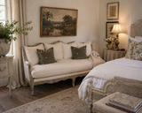 French Country Linen Sofa – Adele Carved Wood Upholstered Sofa in Jute & Off White