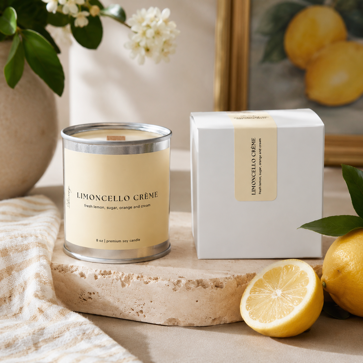Limoncello crème soy candle with crackling wood wick in reusable tin and minimalist coastal packaging