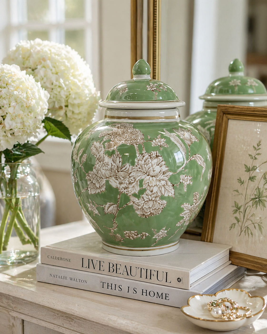 Green Floral Ceramic Ginger Jar – 10” Decorative Chinoiserie Lidded Jar