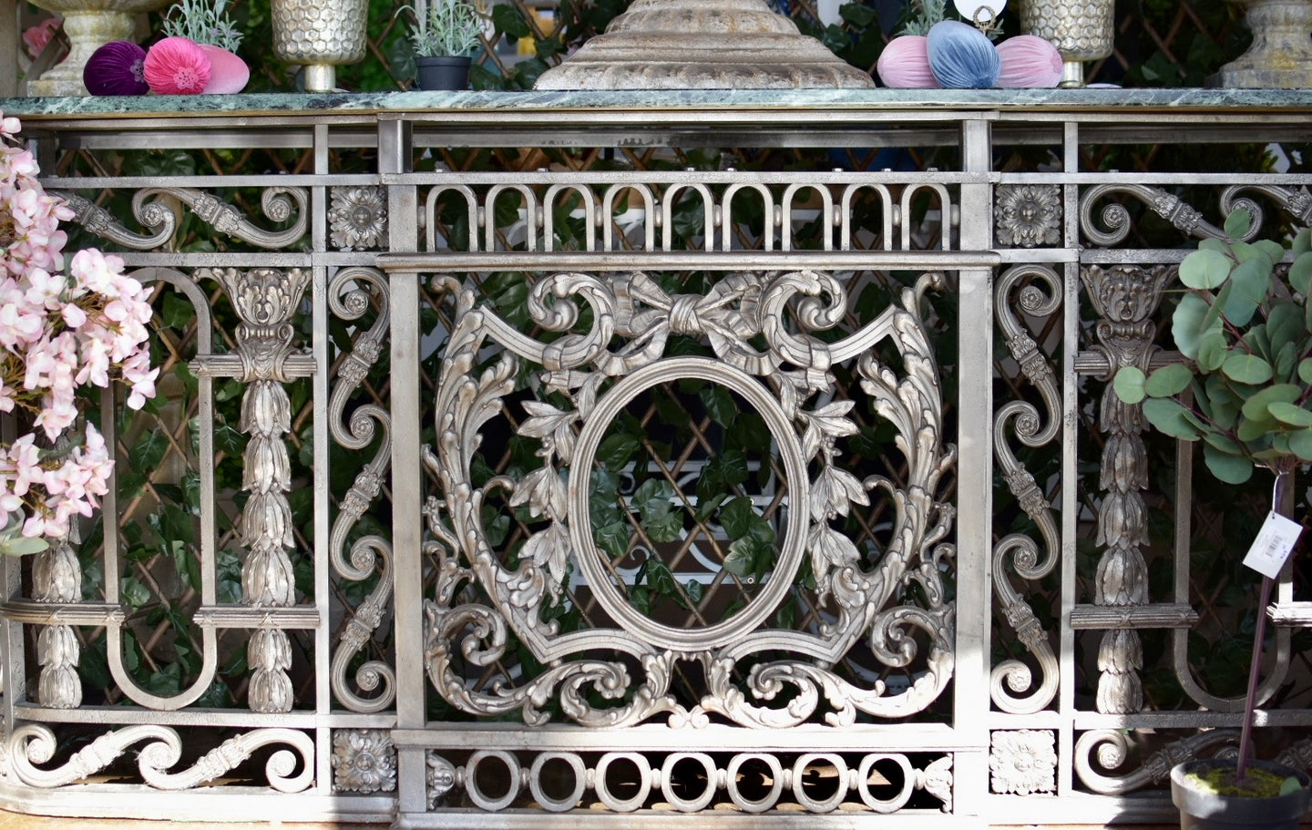 The Marquee Console | Custom Console Table with Antique Theater Balcony Ironwork & Green Marble Top