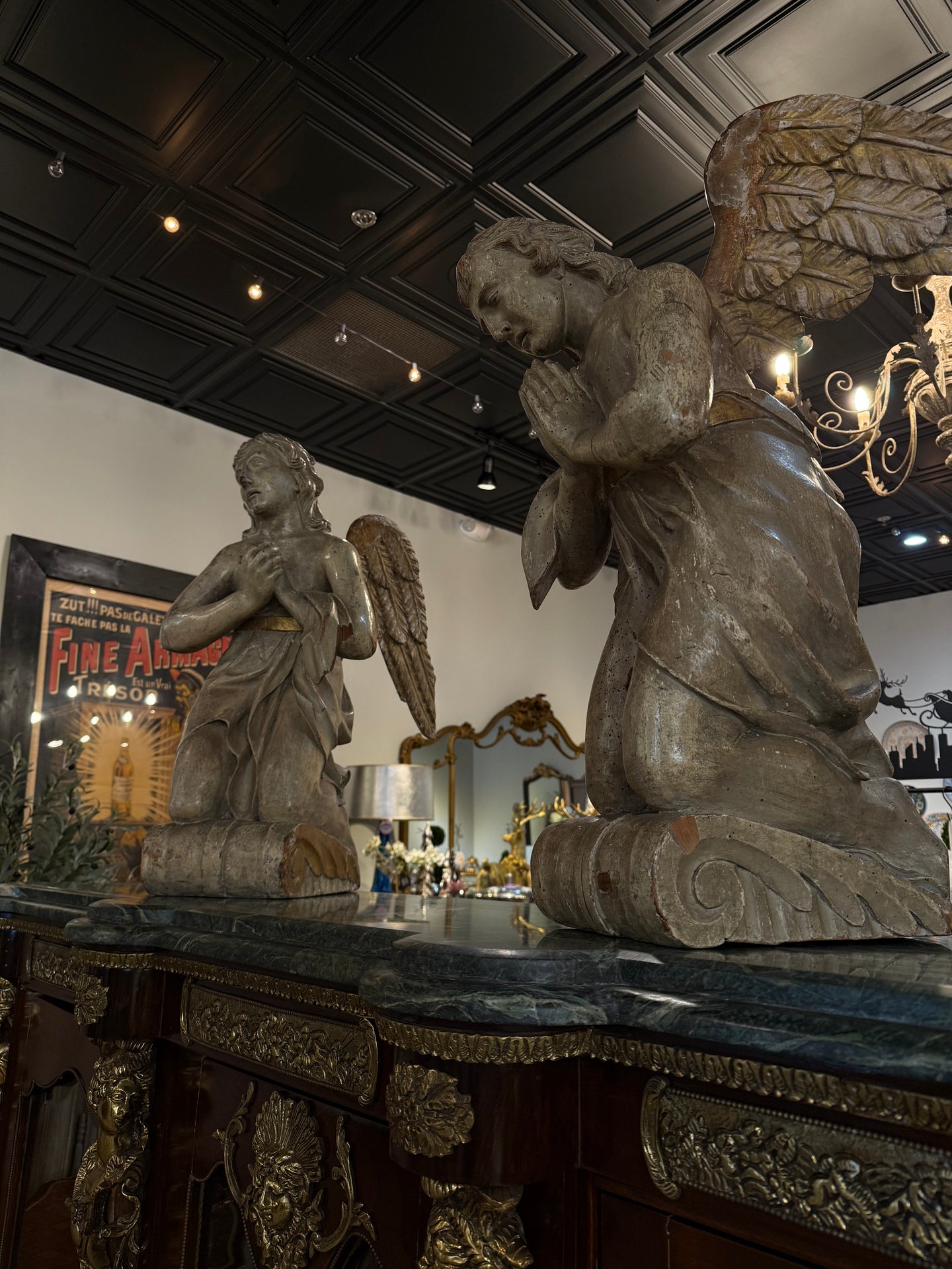 Pair of Antique Carved Wooden Angel Sculptures (Male & Female) – Rare Praying Figures