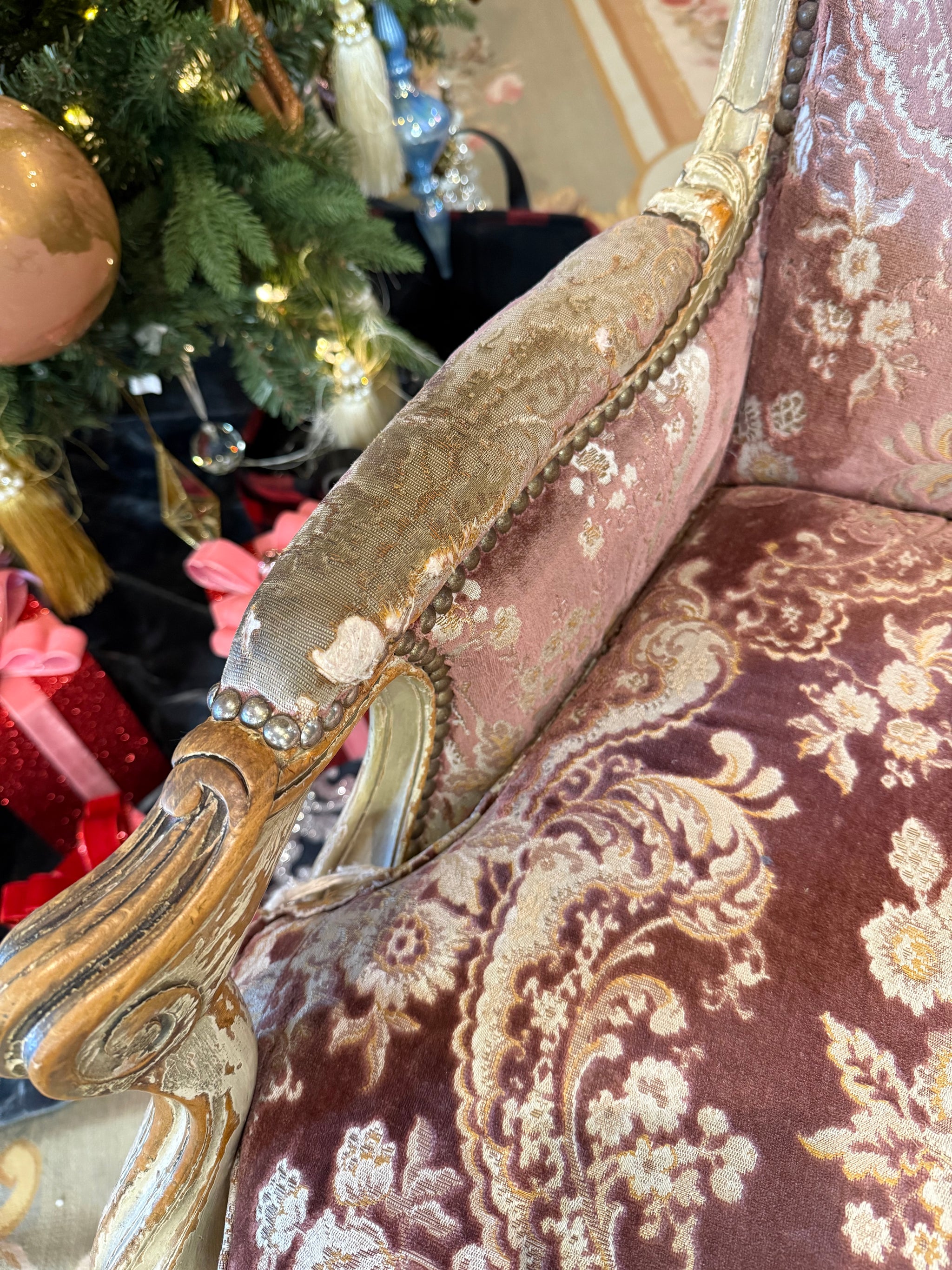 Pair of 19th Century Louis XV-Style Giltwood Fauteuils in Rose Damask Velvet