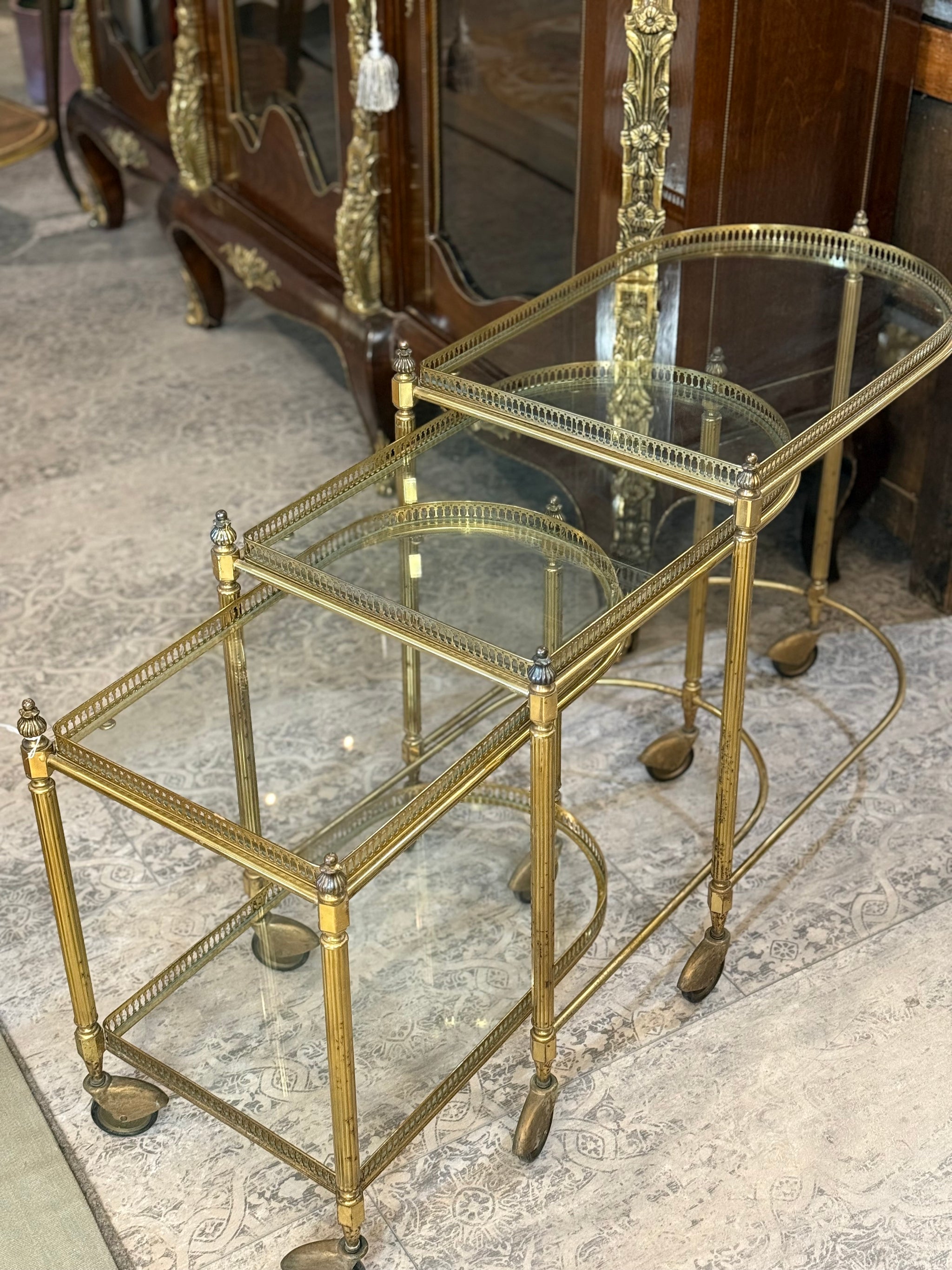 Antique 3-Piece French Brass Nesting Bar Cart