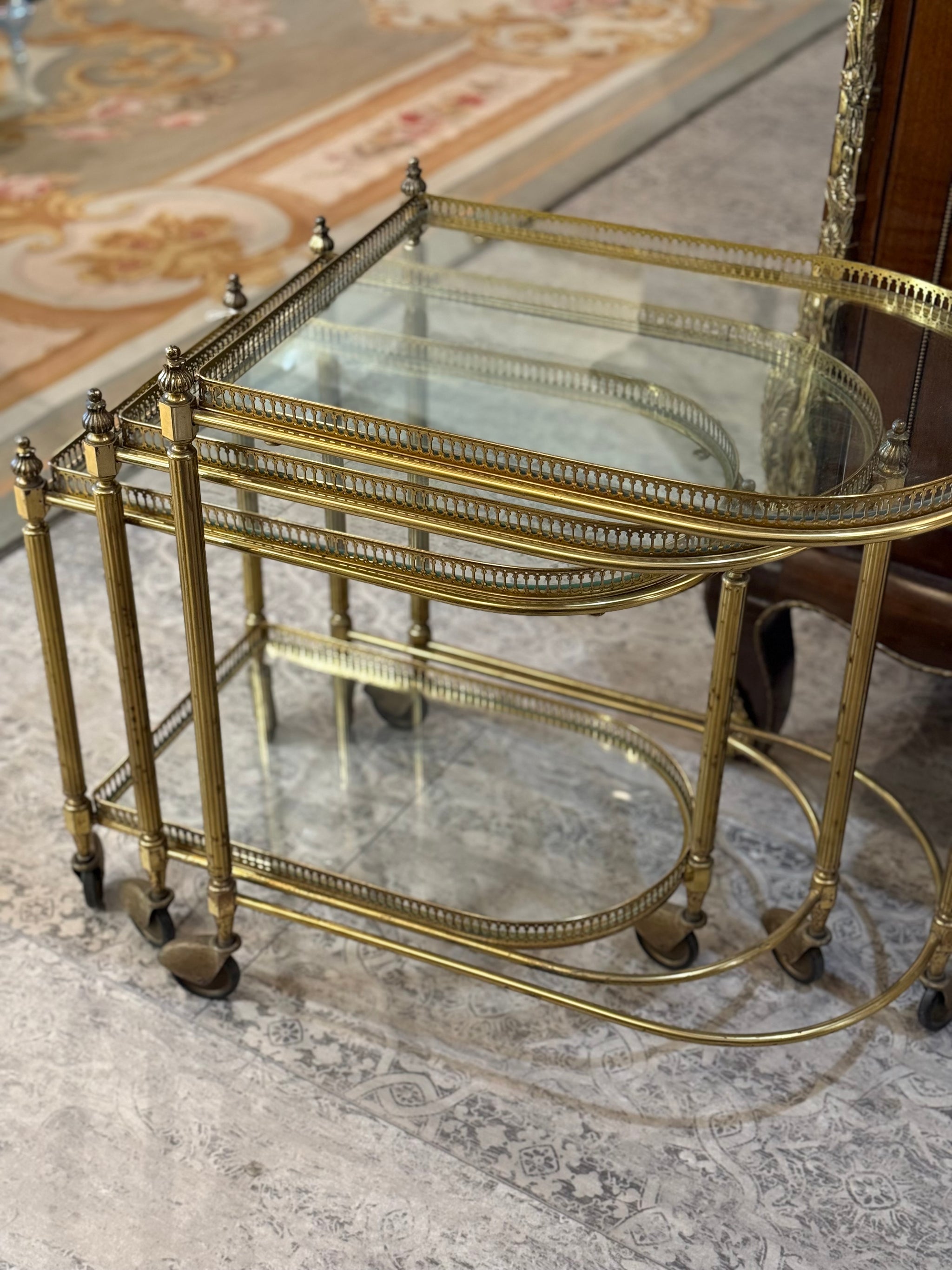 Antique 3-Piece French Brass Nesting Bar Cart