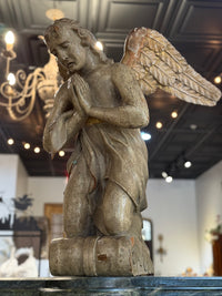 Pair of Antique Carved Wooden Angel Sculptures (Male & Female) – Rare Praying Figures