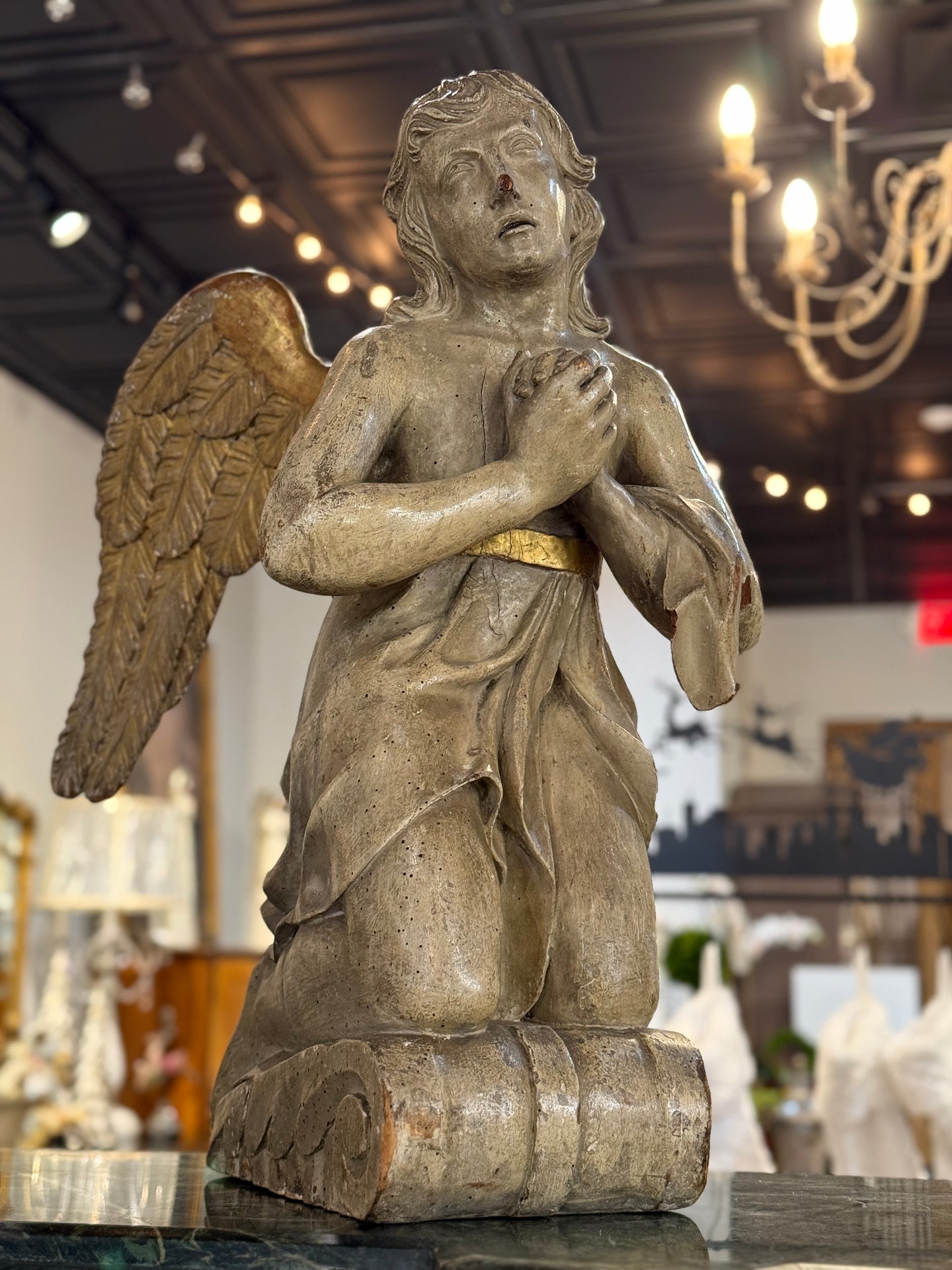 Pair of Antique Carved Wooden Angel Sculptures (Male & Female) – Rare Praying Figures