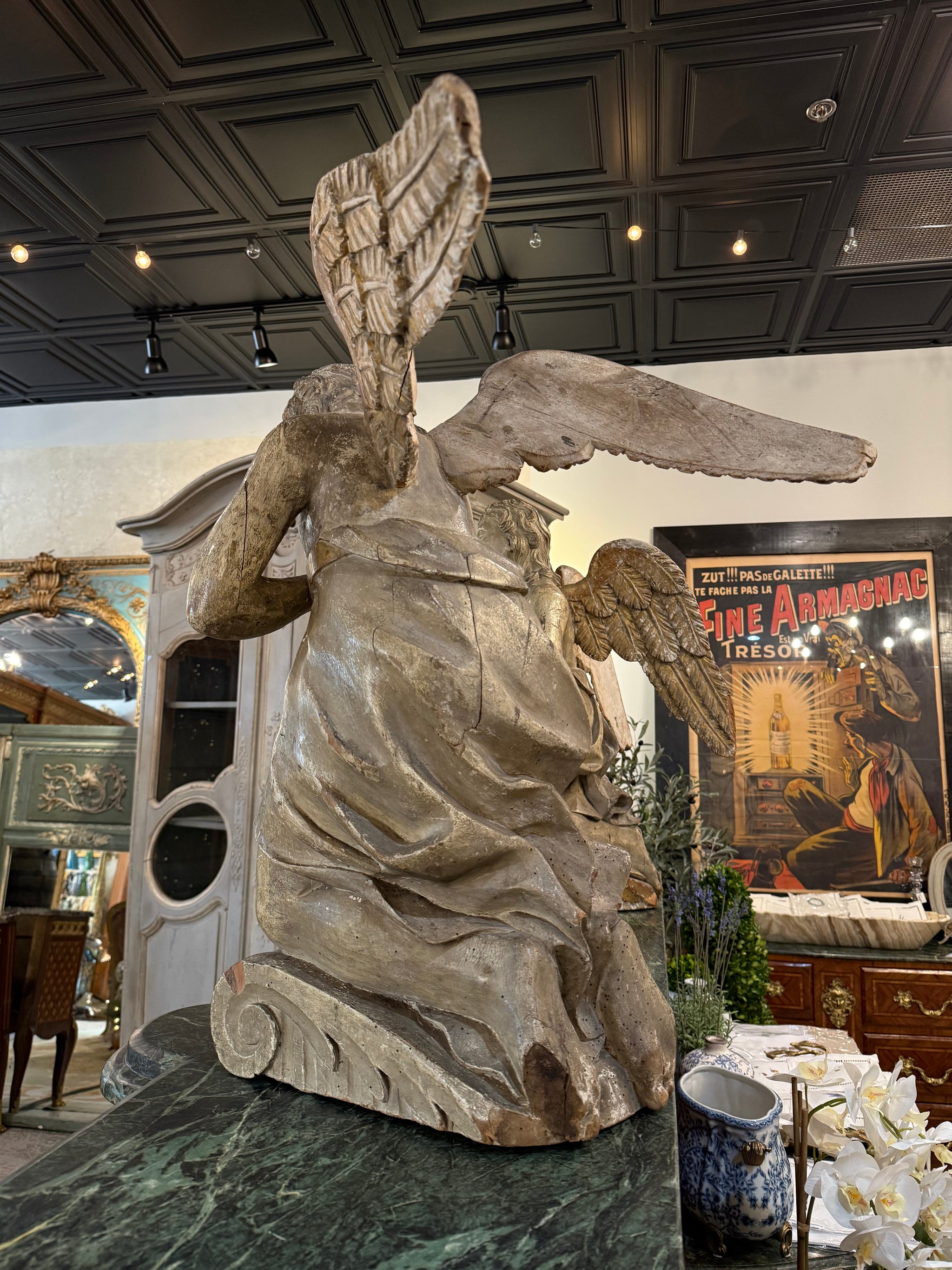 Pair of Antique Carved Wooden Angel Sculptures (Male & Female) – Rare Praying Figures