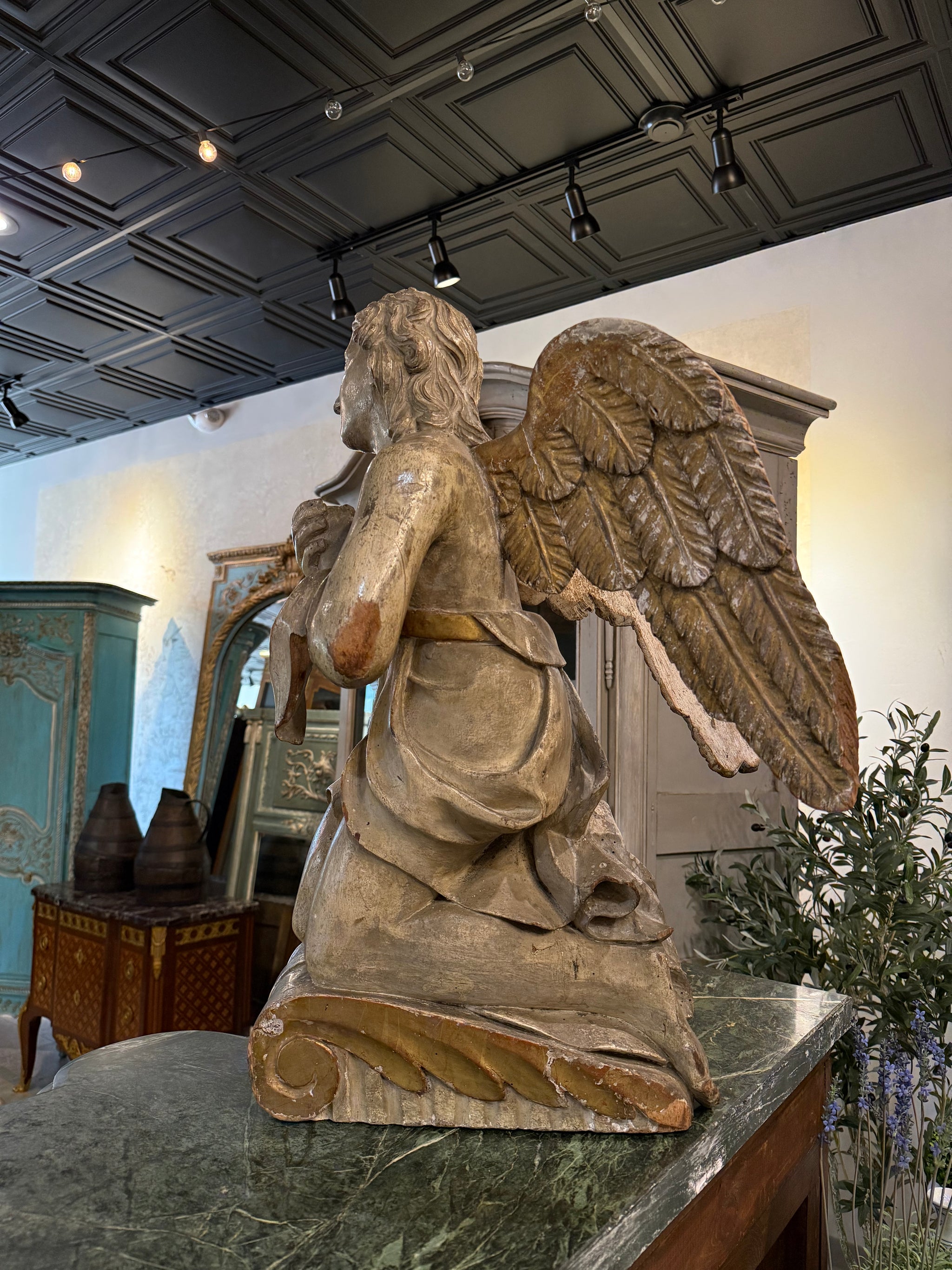 Pair of Antique Carved Wooden Angel Sculptures (Male & Female) – Rare Praying Figures