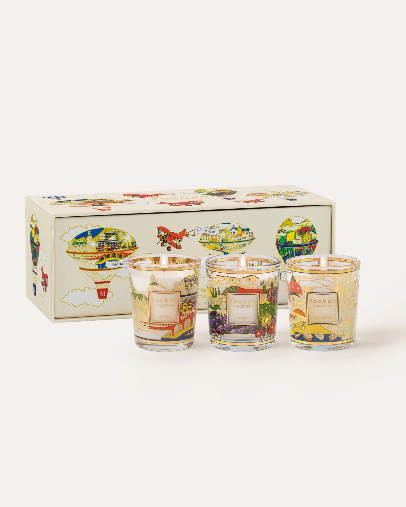 Baobab Collection Provence Monaco Côte d’Azur travel candle trio gift set with illustrated Mediterranean packaging and luxury mini scented candles.