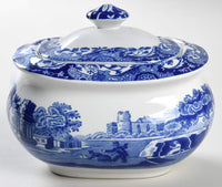 Spode Blue Italian covered sugar bowl with lid featuring the iconic blue and white countryside pattern, ideal for elegant tea and coffee service.