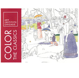 Cover of the "Color the Classics" adult coloring book featuring line-art versions of famous masterpieces from the Art Institute of Chicago, including works inspired by Monet, Van Gogh, Picasso, and other iconic artists.