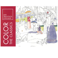 Cover of the "Color the Classics" adult coloring book featuring line-art versions of famous masterpieces from the Art Institute of Chicago, including works inspired by Monet, Van Gogh, Picasso, and other iconic artists.