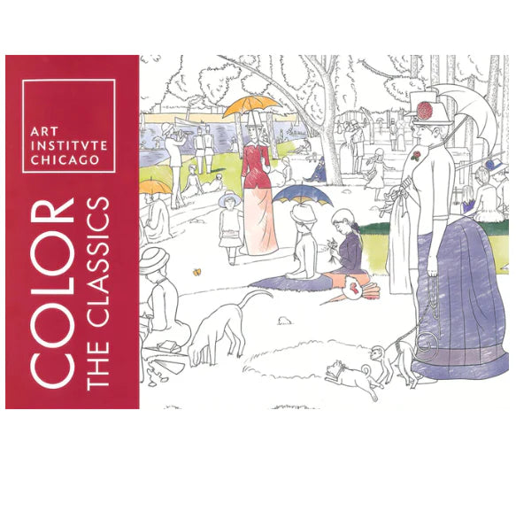Cover of the "Color the Classics" adult coloring book featuring line-art versions of famous masterpieces from the Art Institute of Chicago, including works inspired by Monet, Van Gogh, Picasso, and other iconic artists.
