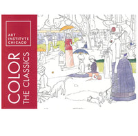 Cover of the "Color the Classics" adult coloring book featuring line-art versions of famous masterpieces from the Art Institute of Chicago, including works inspired by Monet, Van Gogh, Picasso, and other iconic artists.