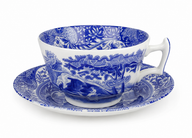 Single Spode Blue Italian teacup with matching saucer featuring the iconic blue and white English countryside pattern, crafted in England.