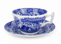 Single Spode Blue Italian teacup with matching saucer featuring the iconic blue and white English countryside pattern, crafted in England.