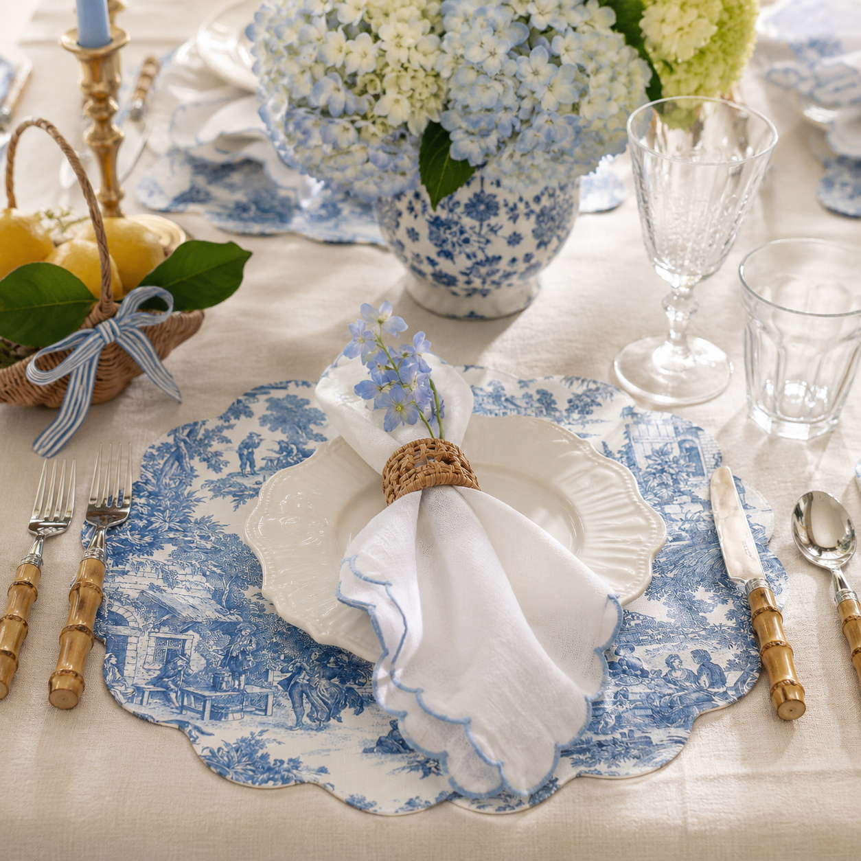 Beatriz Ball VIDA English Blue & White Toile Reversible Scalloped Placemats | Set of 4