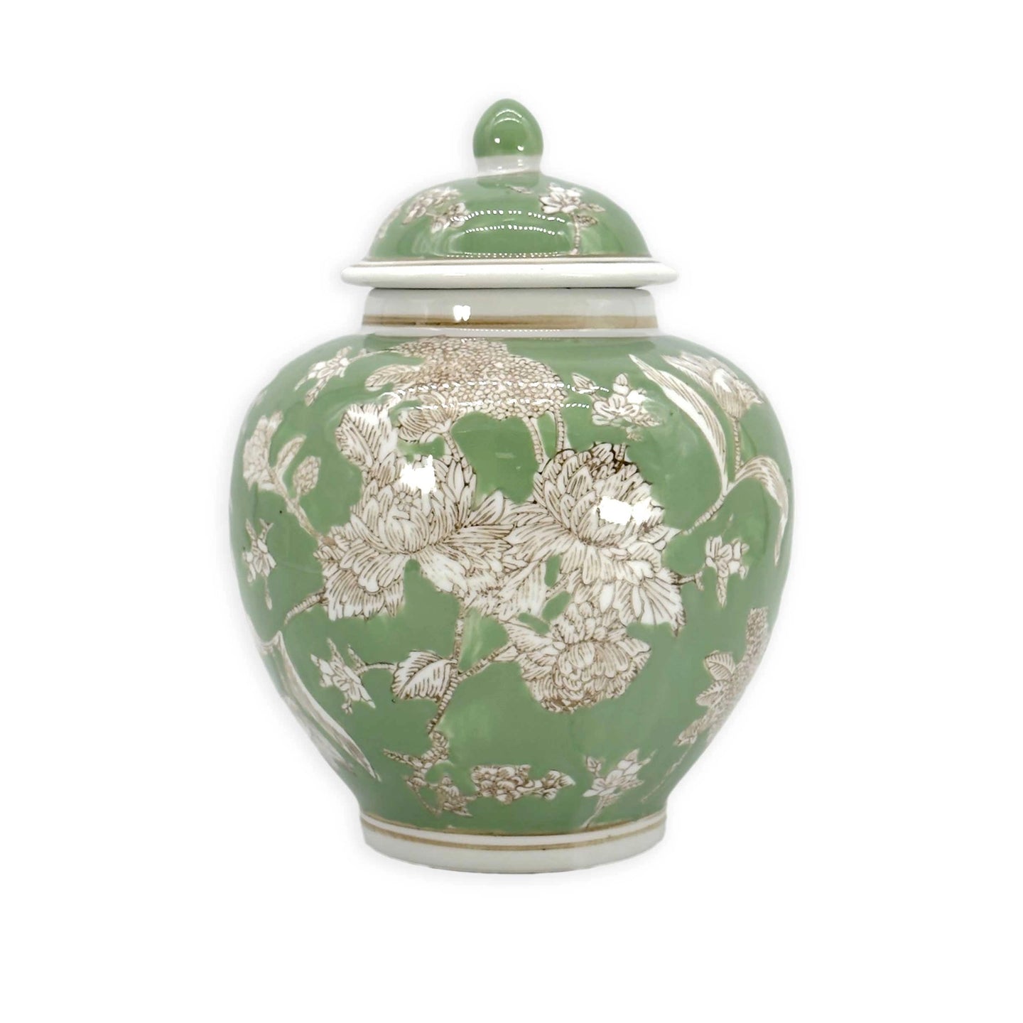 Green Floral Ceramic Ginger Jar – 10” Decorative Chinoiserie Lidded Jar