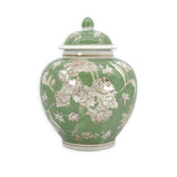 Green Floral Ceramic Ginger Jar – 10” Decorative Chinoiserie Lidded Jar