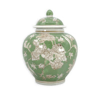 Green Floral Ceramic Ginger Jar – 10” Decorative Chinoiserie Lidded Jar