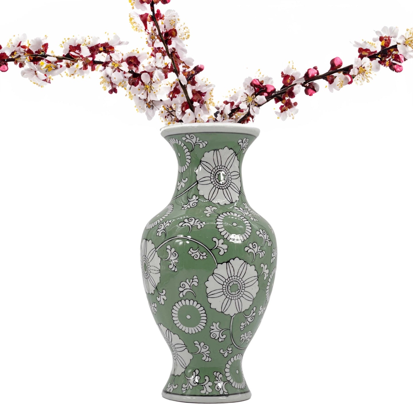 Green Chinoiserie Ceramic Vase – 14” Decorative Floral Ginger Jar Style Accent Vase