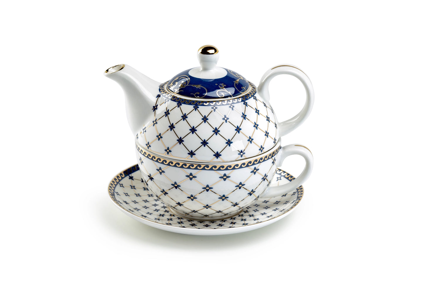 Trellis Blue & Gold Fine Porcelain Tea-for-One Set