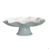 Beatriz Ball slate blue and white pedestal cake stand with scalloped edge and gold rim