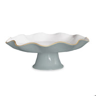 Beatriz Ball slate blue and white pedestal cake stand with scalloped edge and gold rim