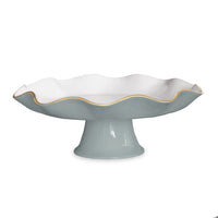 Beatriz Ball slate blue and white pedestal cake stand with scalloped edge and gold rim