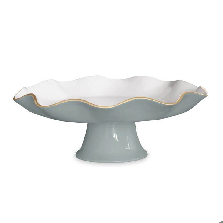 Beatriz Ball slate blue and white pedestal cake stand with scalloped edge and gold rim