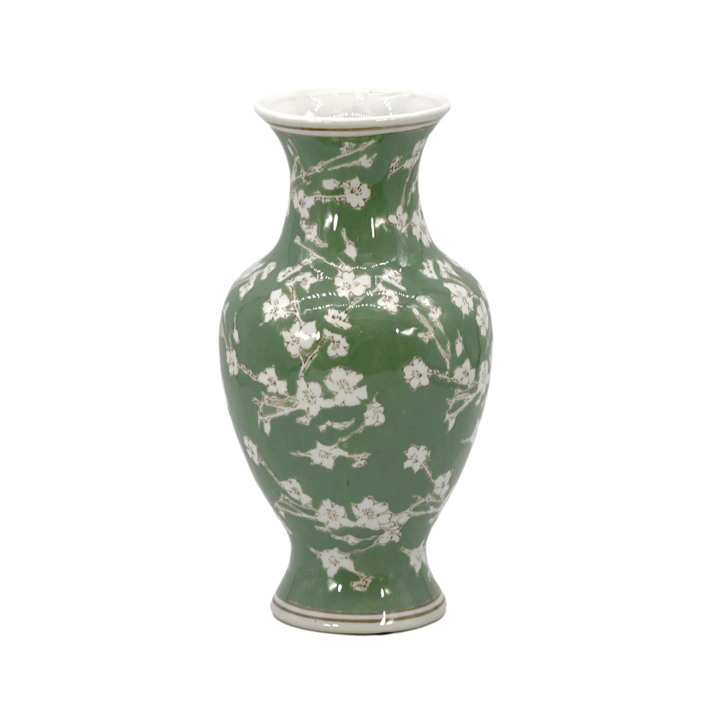 Green and white ceramic chinoiserie vase with sakura blossom floral pattern, 14 inch decorative accent vase