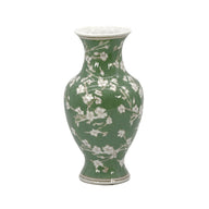 Green and white ceramic chinoiserie vase with sakura blossom floral pattern, 14 inch decorative accent vase