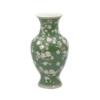 Green and white ceramic chinoiserie vase with sakura blossom floral pattern, 14 inch decorative accent vase