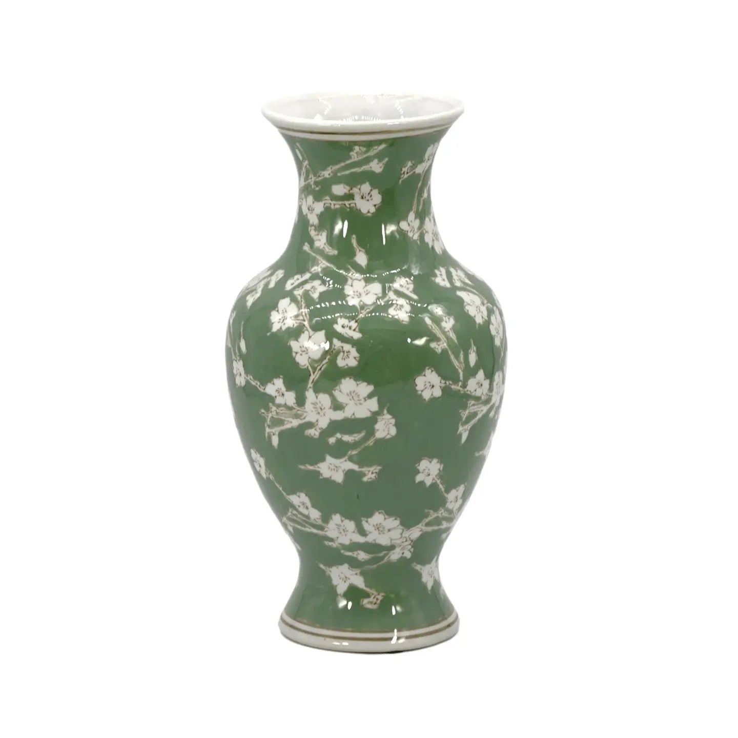 Large Green & White Chinoiserie Ginger Jar Vase – 14"